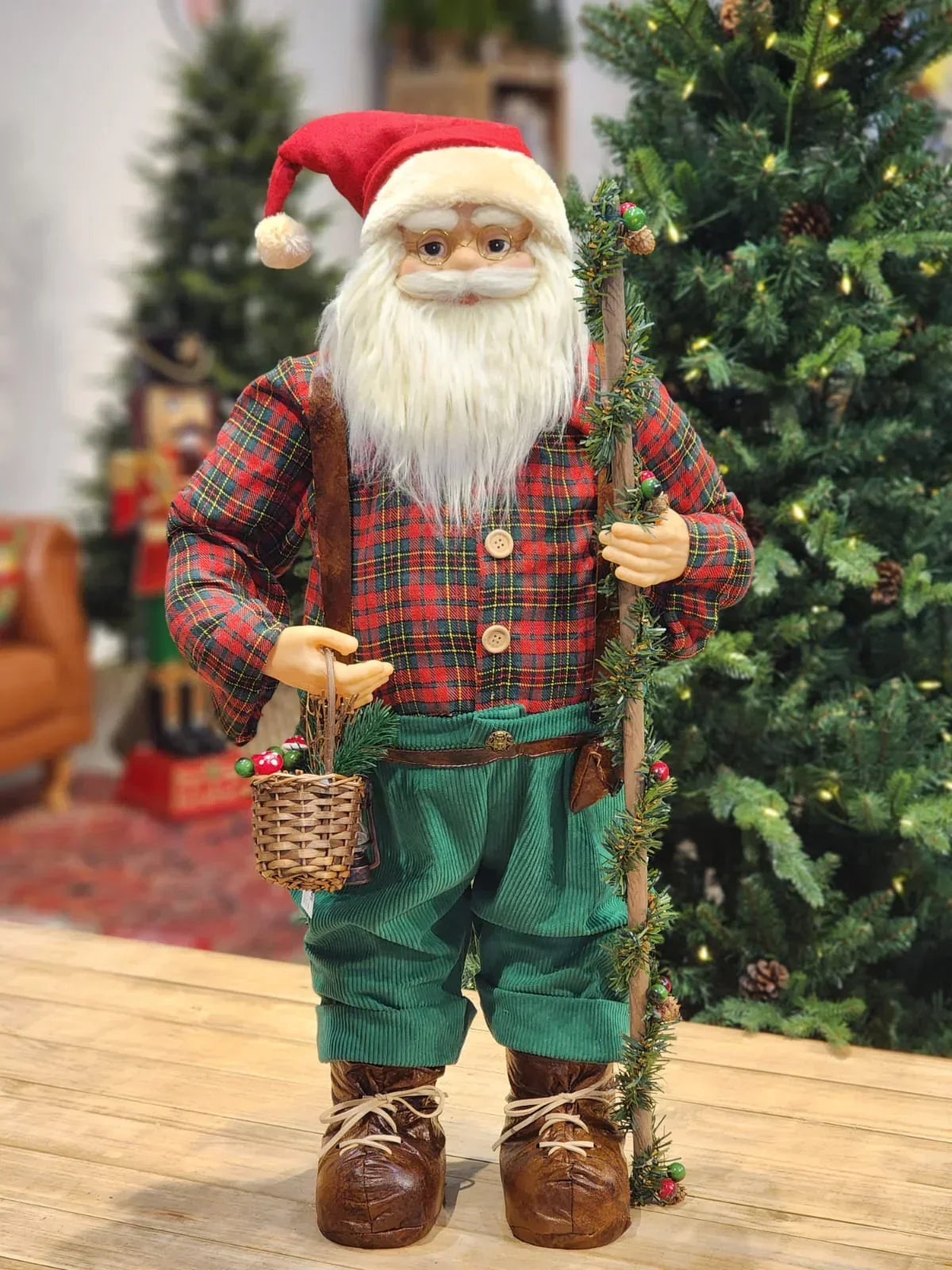 PAPAI NOEL EM PÉ XADREZ VERDE E VERMELHO 80CM