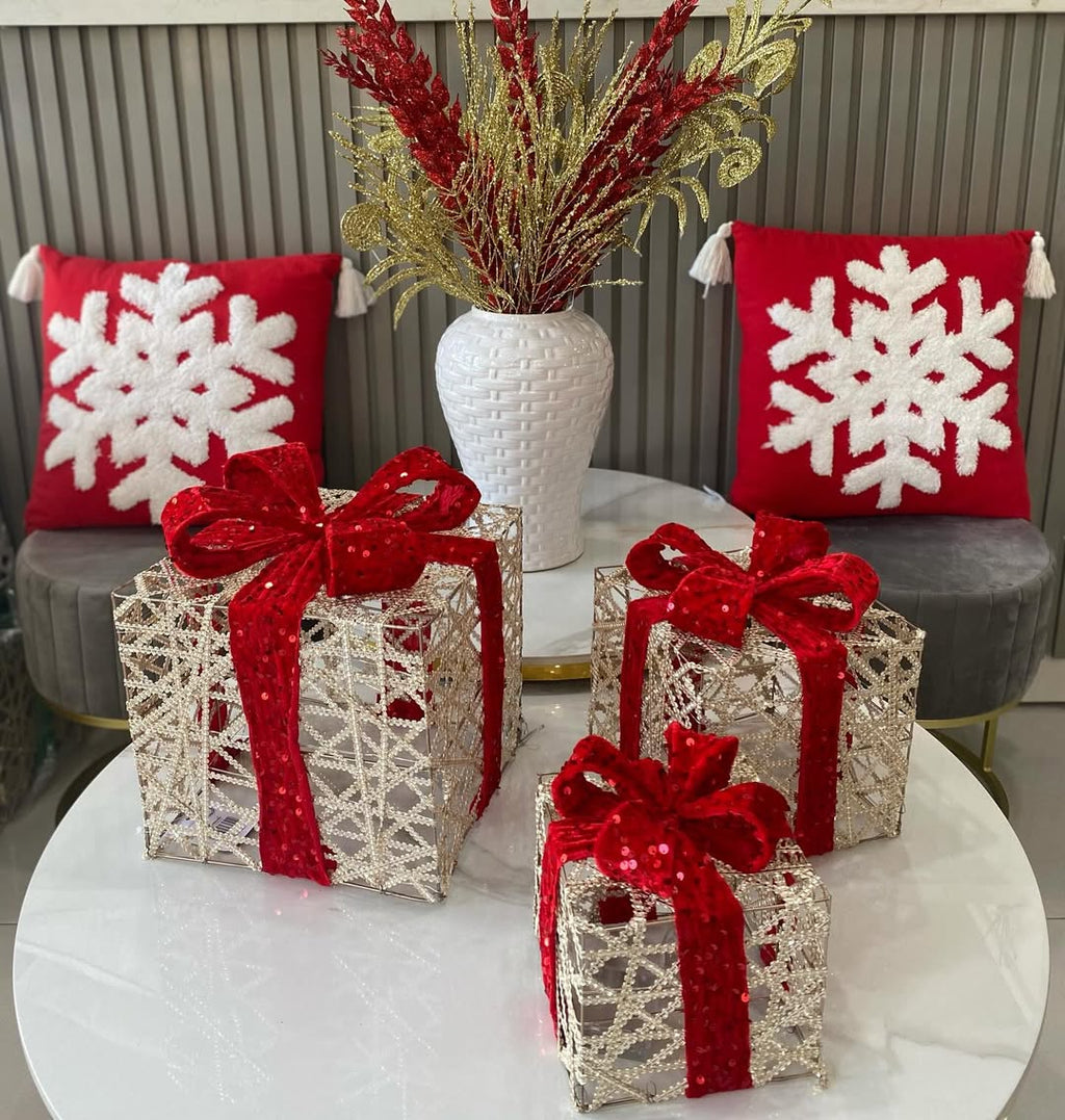 Kit 3 Caixas de Presente Natalinas com Luz de LED